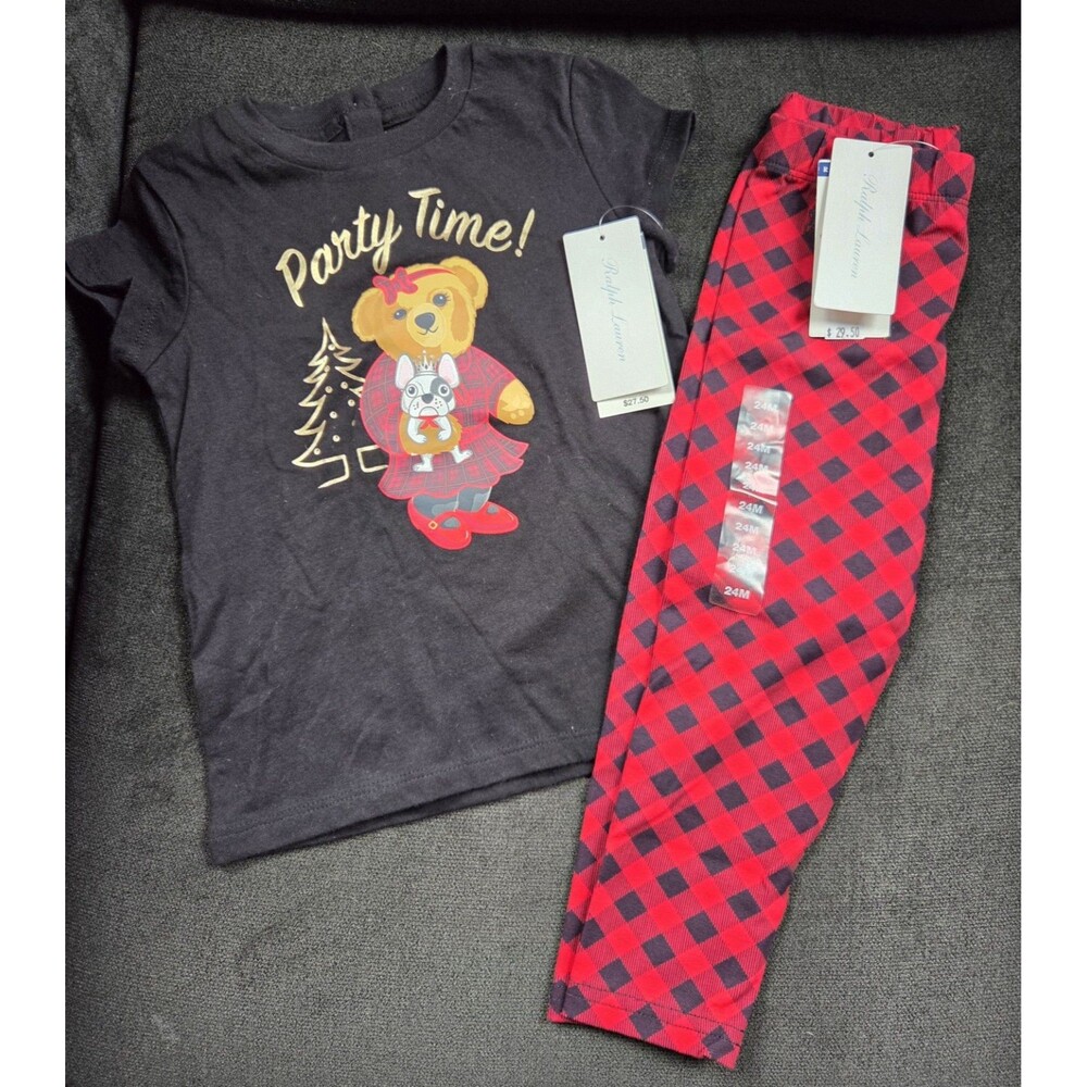 NWTs Ralph Lauren Polo Shirt Leggings Set 24M Black Red Plaid Outfit Holiday